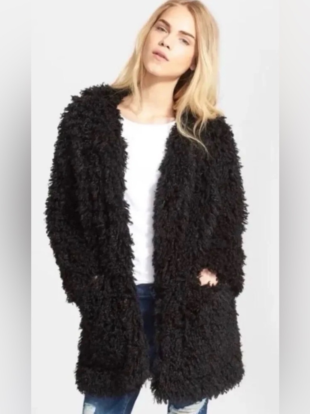 Smythe 'Mongolian' Faux Fur Shaggy Mid Length Coat Sz S